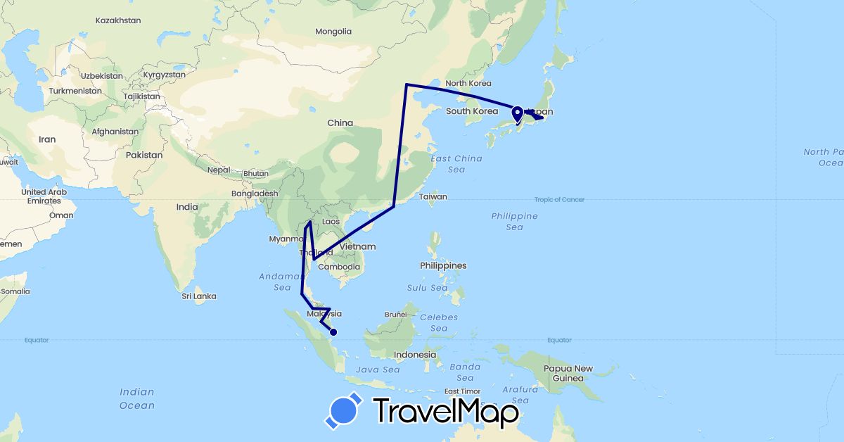 TravelMap itinerary: driving in China, Japan, Malaysia, Singapore, Thailand (Asia)